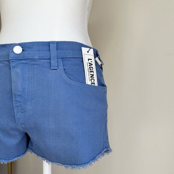 L’AGENCE Audrey Jean Shorts Mid Rise Cut Off Blue Stretch Denim US 25 NWT - Picture 8 of 11